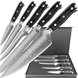 Damascus Steel Knife Set-5 pieces. Super-Sharp VG10 Core Steel Knives With Full Tang Pakkawood Handle. Professional Chef Knife Set for Home Use. Gift for Family and Friends.