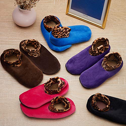Geyoga 5 Pairs Women Winter Non-Slip Thermal Socks Fleece Lined Fuzzy Slippers Socks Indoor Leopard Print Soft Thick Socks (Black, Coffee, Blue, Purple, Rose) #TOP5