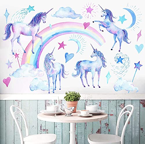 HGDESIGN® Wandtattoo Wandaufkleber Wandsticker Blau Einhorn Regenbogen Kinderzimmer Babyzimmer Kind Baby Junge Mädchen Wanddeko Selbstklebend Cover