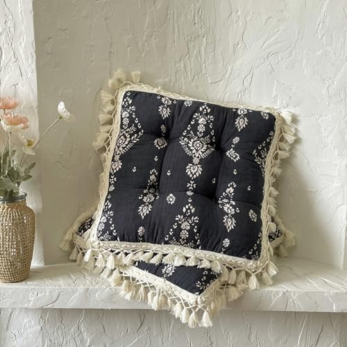 Huierxun Floral Printed Chair Pads with Tassels Boho Cotton Linen Square Chair Cushions 17x17x3 Inch Vintage Farmhouse Seat Cushion for Living Room Kitchen and Officewooden Chair (Black,17"x17")