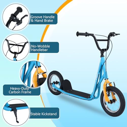 Image of GYMAX Scooter, Kids & Adults Off-Road Scooter with 12 inch Inflatable Wheels, Adjustable Height Handlebar, V-Type Handbrakes & Axle Pegs for All Terrain, 8+