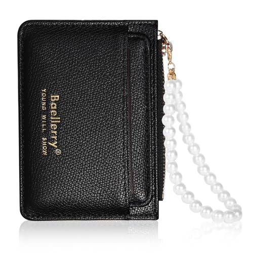 Lapensa Carteira pequena para mulheres, carteira fina para cartão de crédito, bloqueio de RFID, pérola, carteira com bolso com zíper para mulheres e meninas, Preto, Small, Fina, pequena