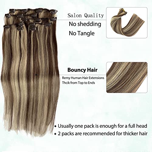 Image of Clip in Hair Extensions Real Human Hair Brown to 613 Blonde Highlights Remy Clip in Human Hair Extensions Natural Hair Extensions 18 Inch 7 Pieces 70G