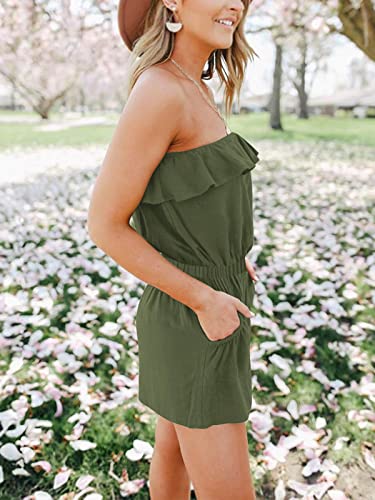 Leani Women’s Summer Off Shoulder Ruffle Rompers Strapless Elastic Waist Short Jumpsuit Green L #TOP2