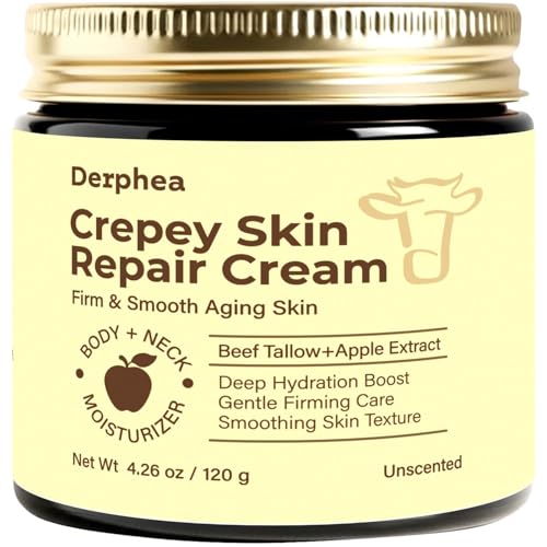 Crepey Skin Repair Treatment: Crepey Skin Repair Cream for Aging Skin with Pure Beef Tallow Soluble Collagen & Apple Fruit - Advanced Crepe Fix Cream for Neck Arms Chest Body - Unscented