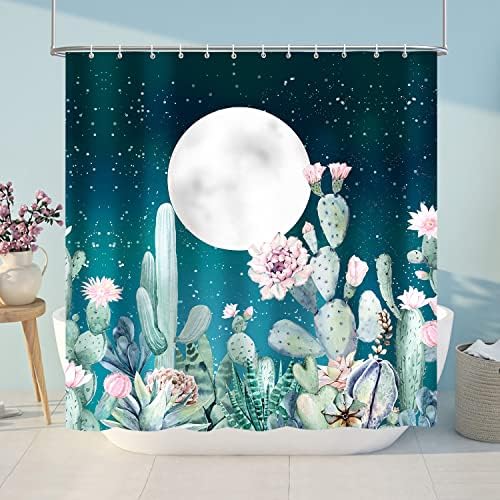 Lokigo Moon Star Shower Curtains, Teal Blue Shower Curtain, Modern Plant Cactus Floral Shower Curtains for Bathroom, Waterproof Fabric Shower Curtain Set with Hooks Green Bathroom Curtain Decor 72x72