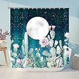 Lokigo Moon Star Shower Curtains, Teal Blue Shower Curtain, Modern Plant Cactus Floral Shower Curtai