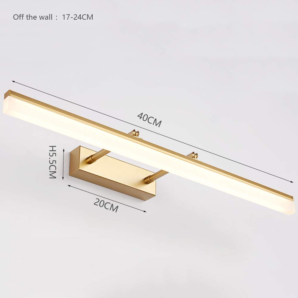 Strecken,Rechteck Spiegellampe Golden LED Spiegelleuchte 180 ° Drehung Spiegel Frontlicht Wasserdicht Beschlagfrei Badezimmer Toilette Schminktisch Beleuchtung,Warmweiß L60CM 14W,40cm warm white