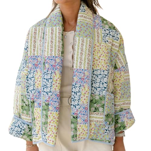 CheJooe Chaqueta acolchada corta para mujer, estilo étnico, floral, cuello alto, acolchada, abrigo acolchado con frente abierto, cárdigan con bolsillo, A-verde, L