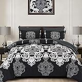 Mybedsoul Black Comforter Set Queen Size 7 Piece Damask Pattern Bed in a Bag Boho Paisley Bedding Comforter with Sheets Set, Soft Microfiber Complete Bedding Set for All Season (90''x90')