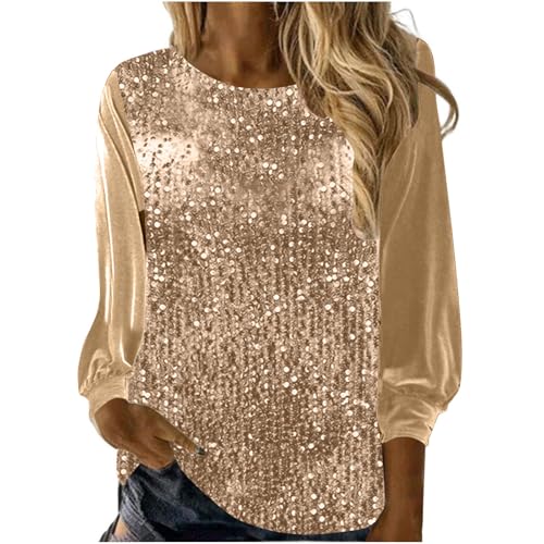 Image of Sequin Tops for Women UK Clearance V Neck Solid Long Sleeve Pullover Blouses Ladies Satin Silk Sleeve Sparkly Shimmer Shirt Elegant Glitter T Shirt Festival Party Shining Tees UK Size S-3XL