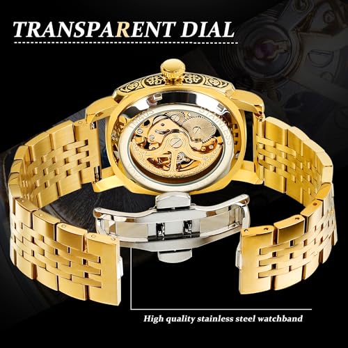 Image of FORSINING Fancy Watches for Men, Square Retro Mechanical Watch Self-Wind Carved, Gear Movement Golden Skeleton Automatic Watches Vintage Leather Strap Wrist Watch