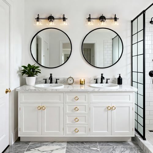 Image of KSANA Black Bathroom Light Fixtures, Modern Farmhouse Vanity Lights Over Mirror 3-Light Bathroom Wall Mounted Sconce with Dome Glass Shade