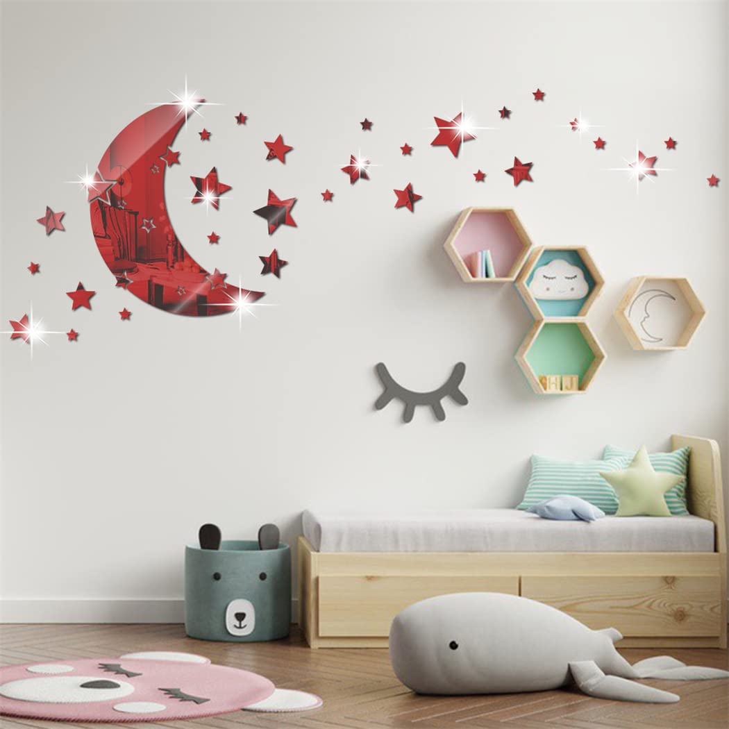 Moon and Stars Mirror Wall Stickers, Removable Acrylic Crescent Moon and 146 PCS Stars Wall Mirror Stickers Decals, 3D Moon Star Art Wall Decoration for Baby Kid Bedroom Living Room Ceiling (Red)