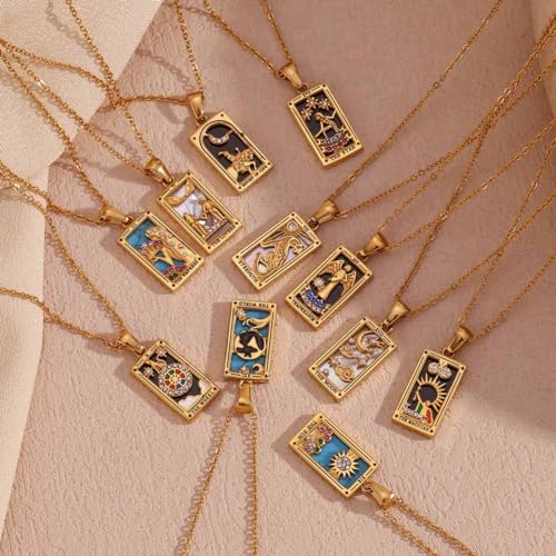 Psivika Gold Plated Tarot Card Necklace Vintage Necklace Good Luck Amulet Tarot Pendant Necklace for Women Men3