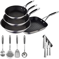 Sartenes Masterpro Gravity MasterPRO Gravity: Set de Sartenes Ø20 Ø24 Ø28 y asador 28x28 cm. + 3 Cuchillos + 4 Utensilios de Cocina