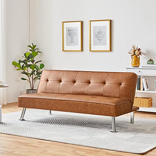 Yaheetech Convertible Sofa Couch Futon Bed Faux Leather Sofa Bed Sleeper Adjustable Loveseat Futon Couch Living Room Furniture With Chrome Metal Legs, Brown #TOP1