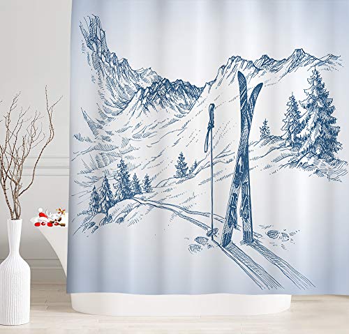 NYMB Winter Sports Decor Shower Curtain, Ski with Fir Trees Gear Set in Winter Season Mountains Bath Curtains, Waterproof Fabric Shower Curtain Bathroom Accessories 12PCS Hooks Included, 69X70 Inches