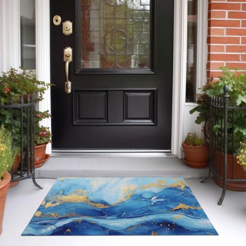Tapis lavable antidérapant avec lignes feuille d'or bleu ciel