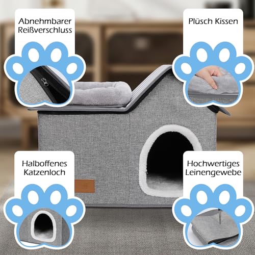 Eukue Katzenhaus, Warm Katzenhöhle Outdoor, Abnehmbar Hundehütte mit Waschbarem Kissen und Plattform, Katzenhöhle für Draußen, Katzenhaus Höhle für Kleine und Mittlere Haustiere, Grau