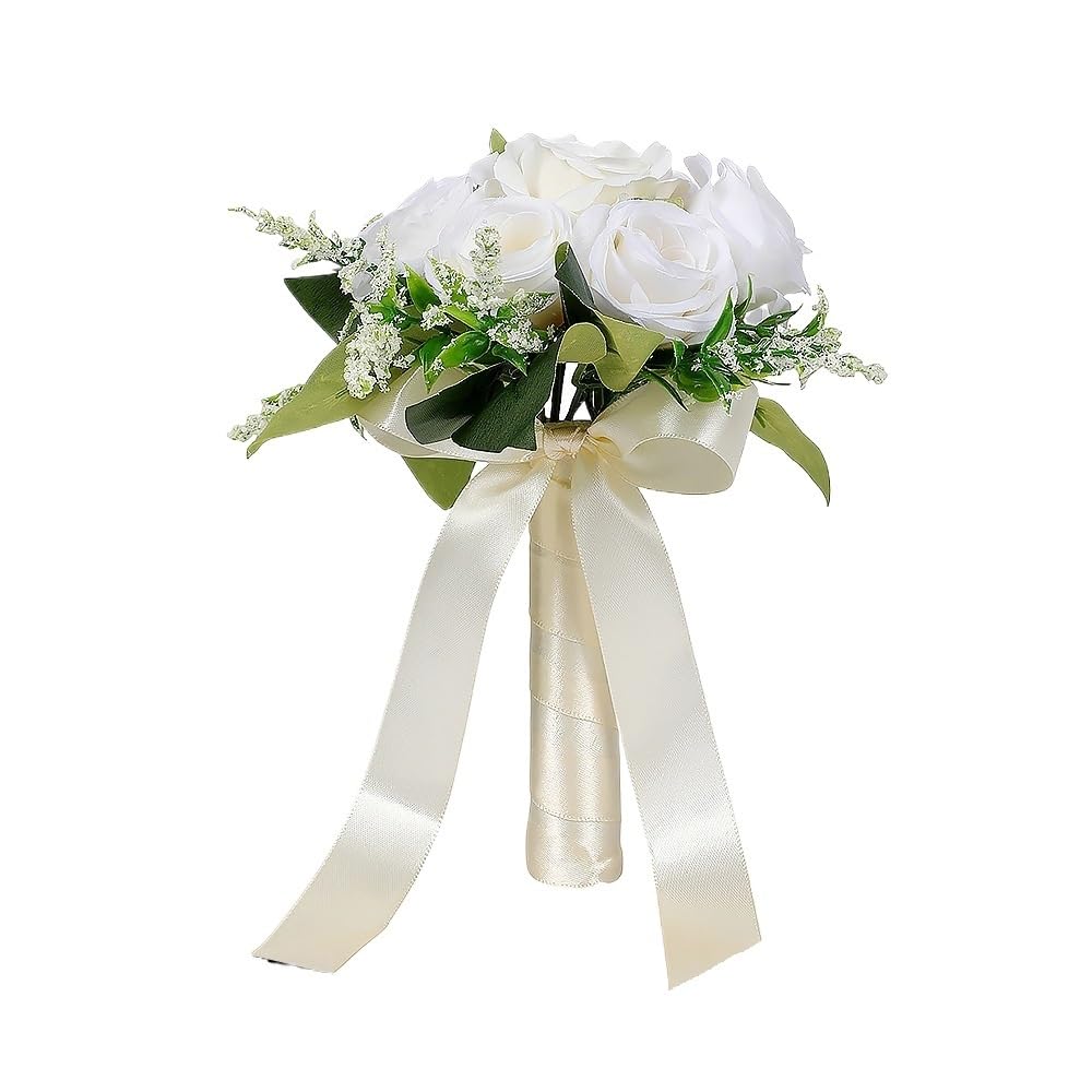 Huffa Creamwhite Artificial Wedding Bouquet - Elegant Fake Rose Flower Arrangement For Bride's Ceremony(Creamwhite)