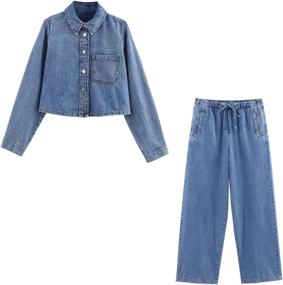 Womens Denim Two Piece Set Long Sleeve Shirt And Mid Waist Wide Leg Jogging Pants Casual Comfortable Office Wear