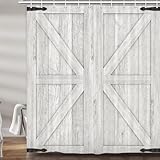 Barn Door Shower Curtain, Rustic Vintage Farmhouse Design Western Shower Curtain Country Barn Door Bath Curtains with Hooks, 72X72 Inch, Beige