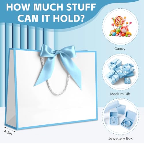 Image of JMANNI Gift Bags with Handles, 13 inch Medium Gift Bag for Presents, 1 Pcs Bags with 2 Tissue Paper and 1 Cards for Baby Shower Wedding Bridal Shower Mother's Day Birthday Party (White-Blue