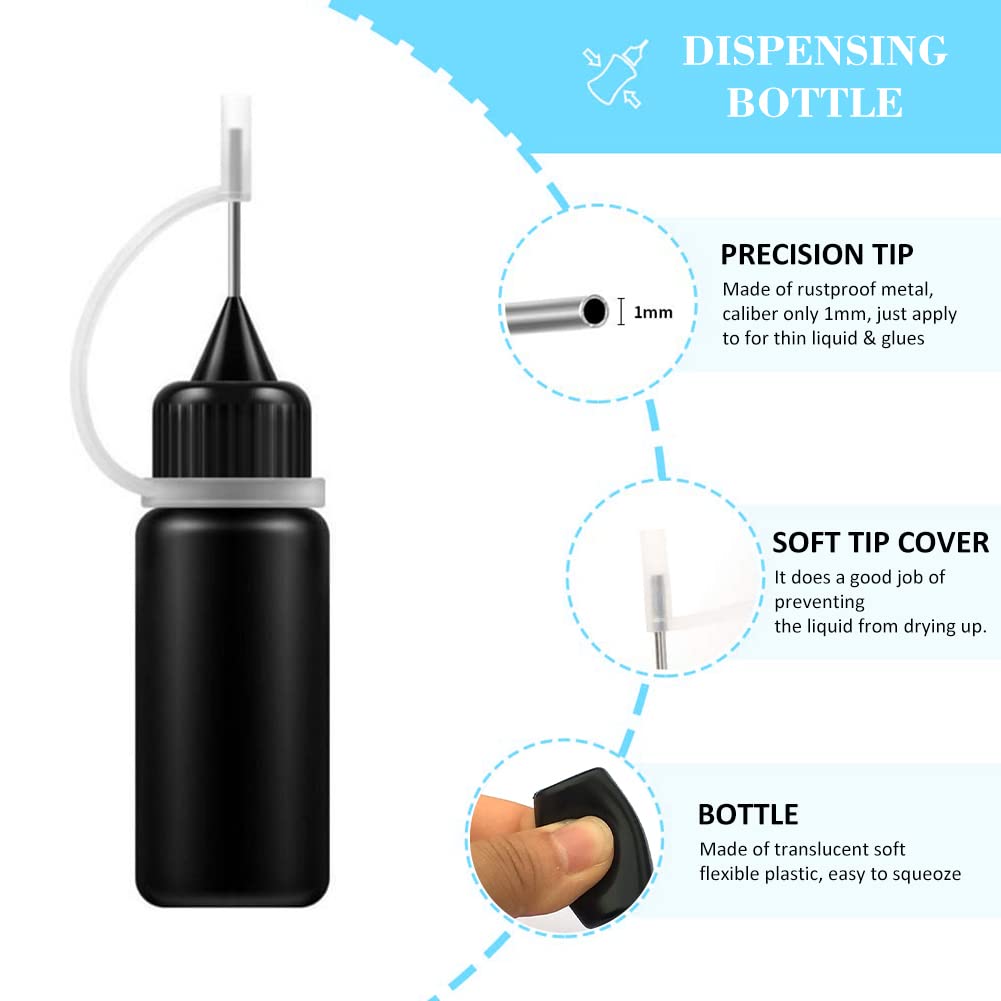 4 Flacons Pipette Précision 10ml - Pointe Aiguille Fine - Bouchon Noir - Idéal Colle, Peinture, Artisanat