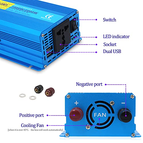 Yinleader 1000W Inversor Puro de Onda Seno para Carro dc 12V a 220V ac Conversor para Carro com saíd