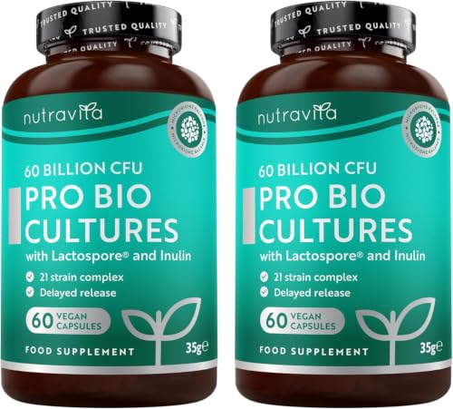Nutravita Probioticos y Prebioticos Intestinales con 60 Mil Millones UFC - 2 x 60 Cápsulas Veganas - Inulina y 21 Cepas Bacterianas, Microbiota Intestinal, Prebioticos y Probioticos Mujer y Hombre