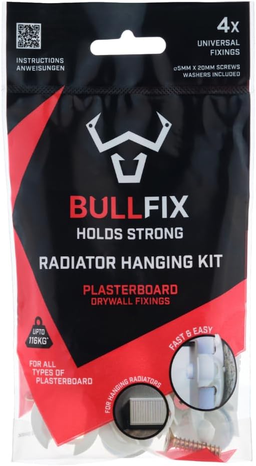 BullfixRadiator Fixing Kit - Heavy Duty Plasterboard Fixings for Radiators - 4 Bullfix Universal Fixings with Collars, 4 Washers and 4 5mm x 20 mm Screws, Vertical/Horizontal Radiator Mounting Kit