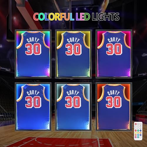 Image of Jersey Frame Display Case with LED , Sports Jersey Frame Lockable Shadow Box with UV Protection Acrylic and Metal Hanger for Baseball Basketball Football Shirt, Black
