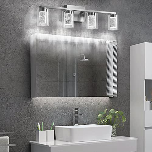 Bathroom Light Fixtures, 4 Light Brushed Nickel Vanity Light Over Mirror, 3 Color Led Bathroom Vanity Lights With Crystal Bubble Glass, Dimmable Bubble Wall Sconce Lighting For Bathroom, Living Room #TOP5
