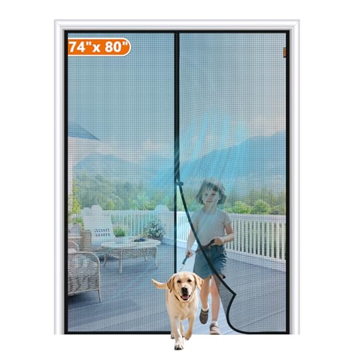 Image of MAGZO Magnetic Screen Door Fits Door Size 74 inchx 80 inch, Hands-Free Mesh Black | 76 inch x 81 inch Heavy Duty Door Screen Magnetic Closure & Windproof Fastener, Pet Friendly Patio Screen Door Mesh