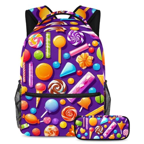 Sac à dos pour étudiants violet motif bonbons avec trousse assortie
