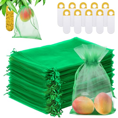 100 Bolsas Organza Fruta (40x30 cm) + 10 Trampas Adhesivas - Bolsas para Uvas en Parra para Proteger Uvas, Manzanas y Otros Cultivos contra Plagas