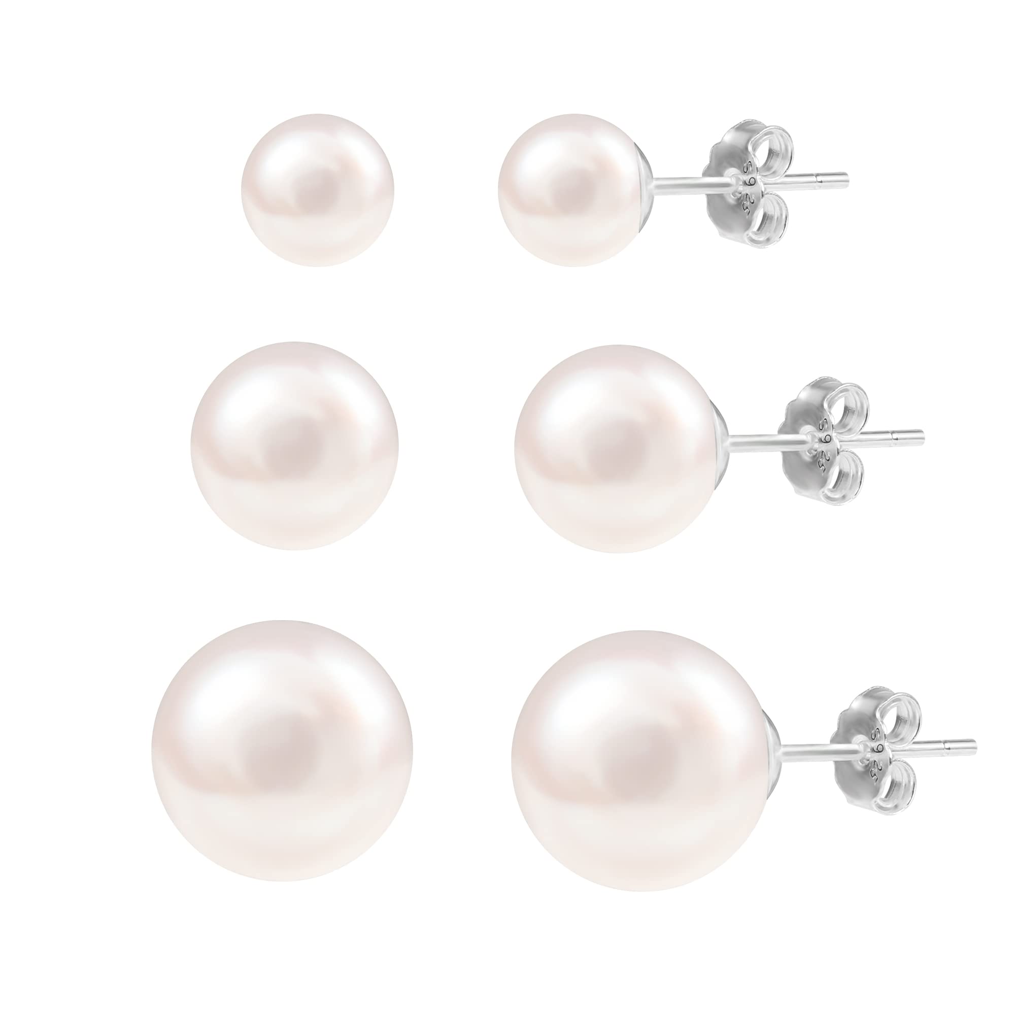 ASH'S CHOICE 3 Paia Orecchini A Perla D'Acqua Dolce In Argento 925 - Sfere 5,7,9mm Con Farfallina