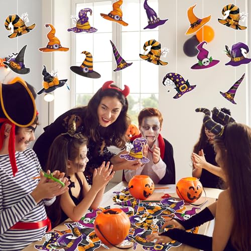 Image of 48 Pcs Halloween Cutouts, Cute Witch Hat Cutouts Halloween Bulletin Board Decorations Witch Hat Paper Cut-Outs for Home School Trick or Treat Party Chalkboard Wall Decor