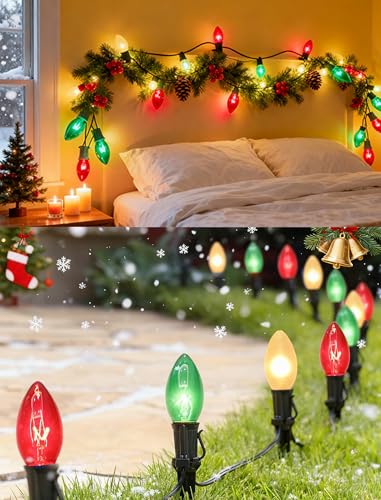 Image of C9 Red White and Green Christmas Lights Outdoor, 25FT Vintage Christmas Tree Light with 26 C9 Clear Multicolor Bulbs, Hanging Outdoor Christmas Lights for Holiday Roofline Patio Garden Party Decor