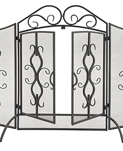Deco 79 Metal Abstract Fireplace Screen With Scrollwork Design, 60" X 24" X 40", Gray #TOP2