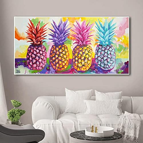 Peinture fruits colorés ananas art mur moderne grand format 70x140cm sans cadre pour salon