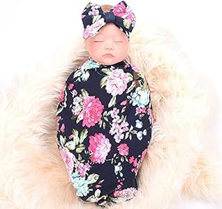 Baby Swaddle Blankets, Receiving Blanket with Headband Set, Flower Print Muslin Swaddle Blankets for 0-3 Months Girl Boy Infant Easy Adjustable Sleep Sack Wrap Newborn Babies