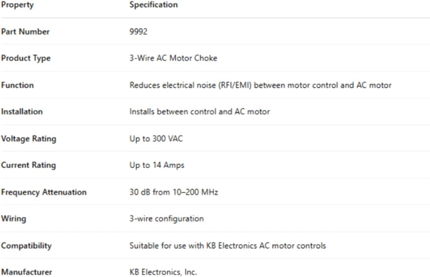 9992, Choke, 3 Wire (Installs between Control and AC Motor)