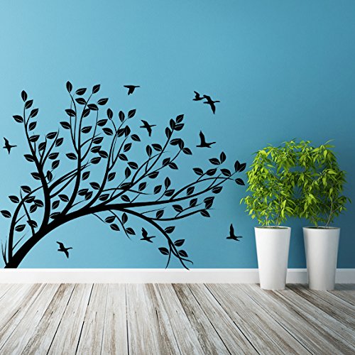 (100 x 77 cm) adhesivo decorativo para pared con diseño de árbol con mango telescópico y hojas pájaros y pasajeros/diseño de lámina de decoración de vinilo/DIY diseño de bosque de tela + incluye figura decorativa y calcomanías para regalo al azar