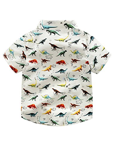 Abolai Boys' Short Sleeve One Pocket Dinosaur Pattern Woven Shirt White 140 #TOP1