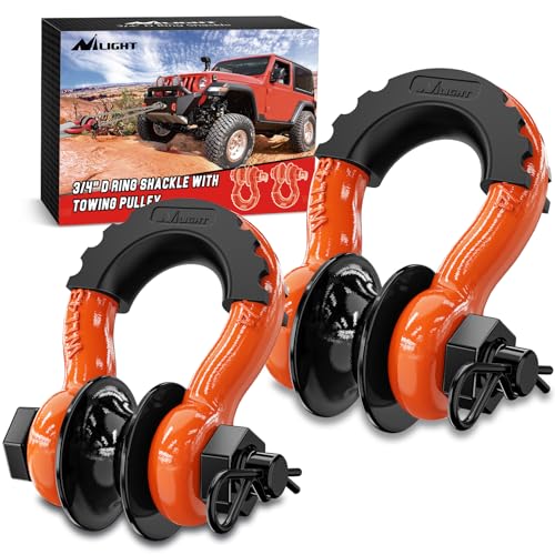 Image of Nilight 3 /4 inch D-Ring Shackle w /Snatch Block (2 Pack) 9,500 lb Working Load, 2-in-1 Heavy‑Duty Towing Pulley w /Isolator for Off‑Road Recovery, Winch Cable & Rope, Truck Jeep ATV UTV Tractor, Orange