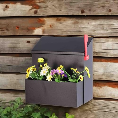 Image of Wall Mount Mailbox with Flower Planter - Black Large Capacity Security Wall Mounted Mailbox - Waterproof Vertical Drop Mail Box Outdoor