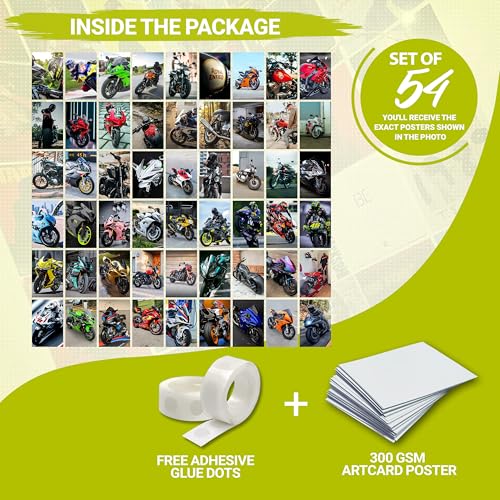 Image of MODERN GALLERY MART Pack of 54 Bike Aesthetic Wall Collage Kit Posters - 4 x 6 Inches Posters for Wall Decoration - Wall Art For Bedroom, Office, Living room, Dorm room - Glue Dots Included