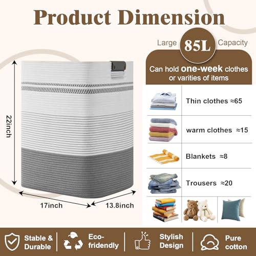 Image of Laundry Hamper, 85L Tall Laundry Basket with Leather Handles, Rectangle Large Clothes Hamper for Organizing, Cotton Woven Laundry Baskets Storage Hampers for Bedroom, Nursery, Living Room